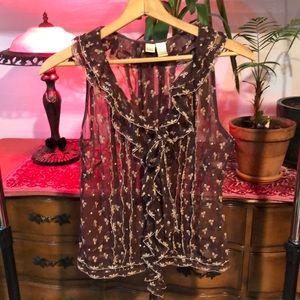 Anthro lithe coffee & cream embroidered mesh top + cream tank